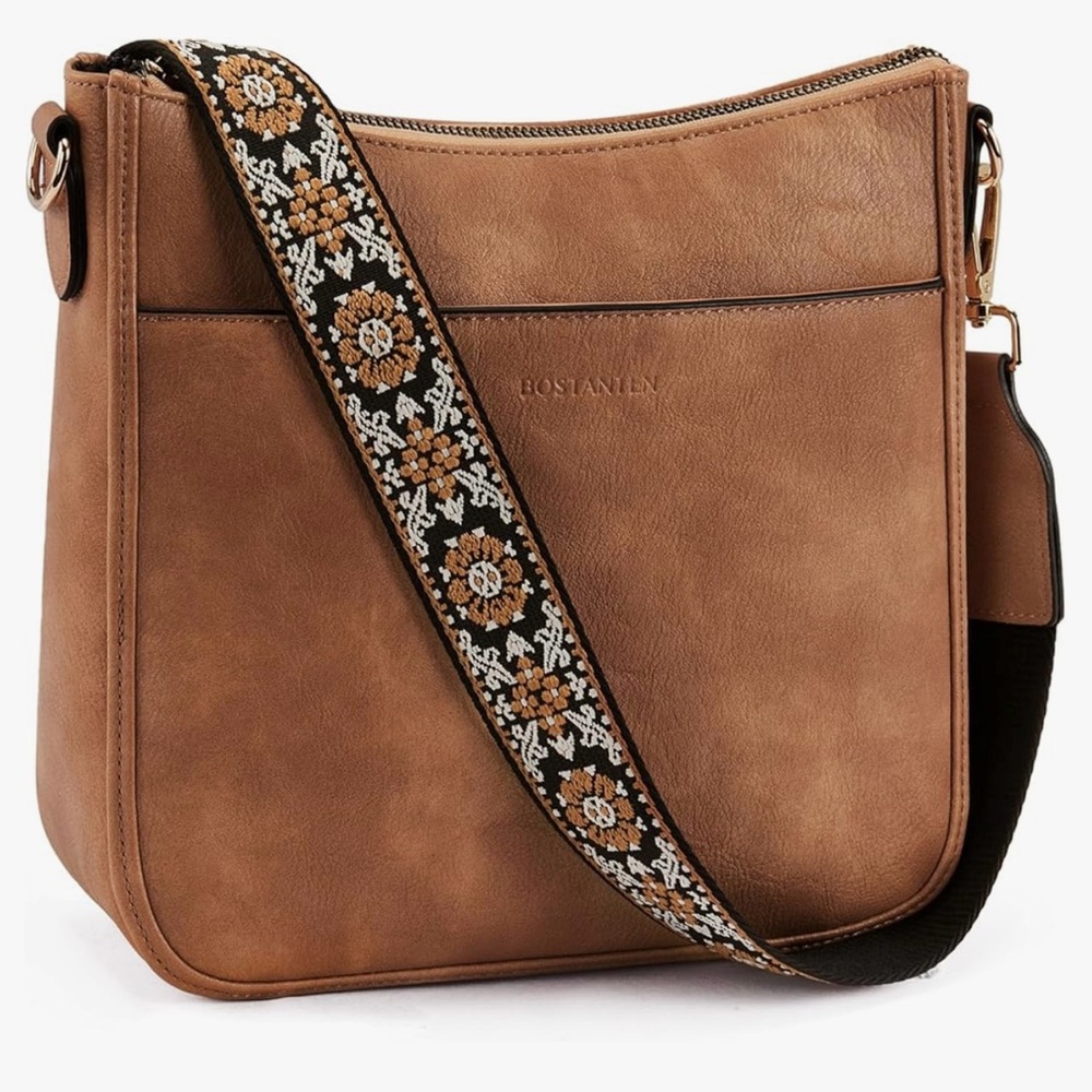 Brown Crossbody Bag with Patterned Strap